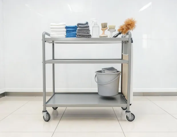 Hospitality turnover cart with cleaning cloths